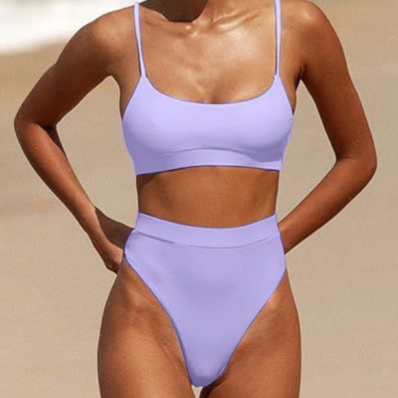 Purple Bikini Set with High-Waisted Bottoms and Scoop Neckline - Picture 1 of 3